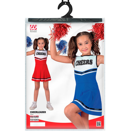 Verpakking van het cheerleader blauw kostuum Maudje kinderen met maattabel voor lengte 116 tot 158 cm