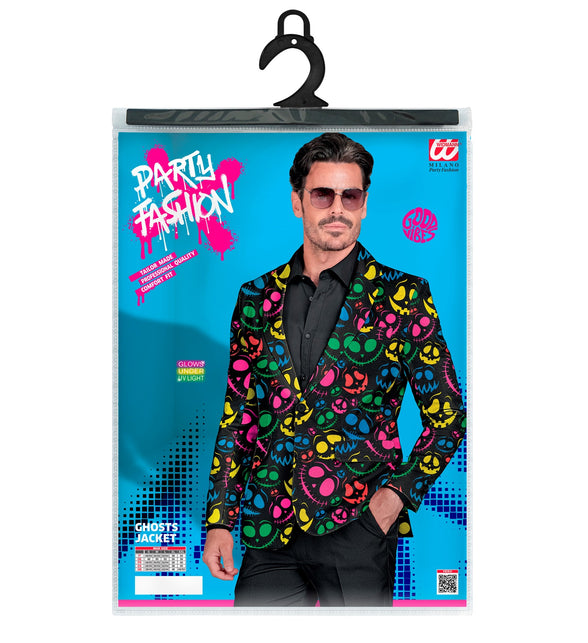 Verpakking van het colbert grappige geesten met maattabel S tot XXL en uv-licht vermelding