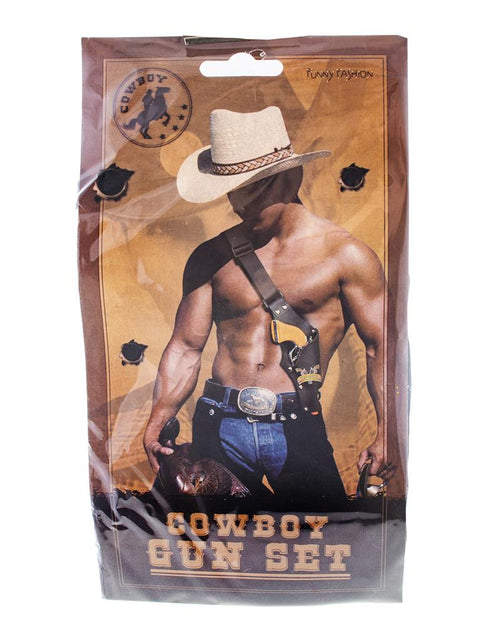 Verpakking van de Cowboy Gun Set van Funny Fashion met schouderholster en revolver voor een westernfeest