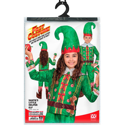 Verpakking van het driedelige elf kostuum kinderen met jas, broek en muts