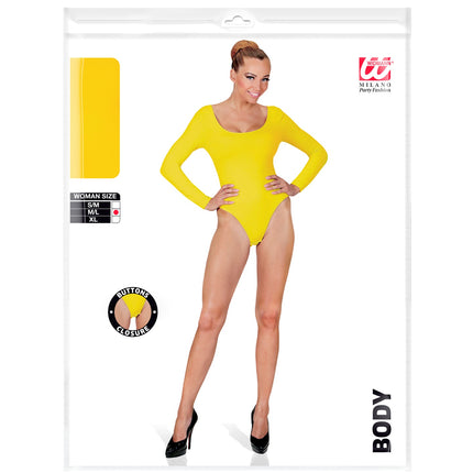 Verpakking van de gele body voor dames met maten S/M, M/L en XL en knoopsluiting in het kruis