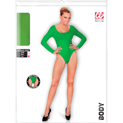 Verpakking van de groene body met knoopsluiting voor dames in de maten S/M, M/L en XL