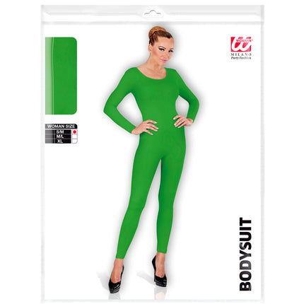 Verpakking van de groene bodysuit voor dames met maattabel S/M, M/L en XL