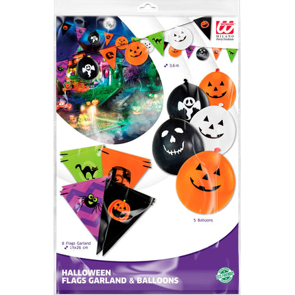 Verpakking halloween slinger meerkleurig met vlaggetjes van 18 x 26 cm en vijf ballonnen