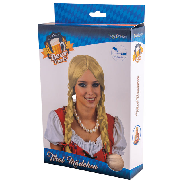 Verpakking van de Heidi pruik blond met vlechten van Funny Fashion met blauw-wit ruitpatroon