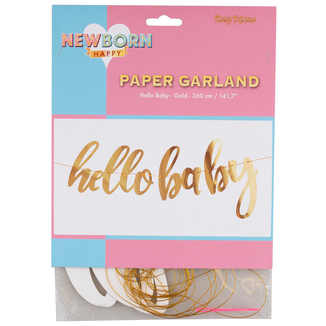 Verpakking van de Hello Baby slinger van Funny Fashion met losse gouden papierletters en rijgkoord, 360 cm