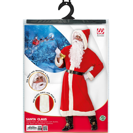 Verpakking van het kerstman jas pak met gewaad, riem, laarskappen, pruik en baard met snor