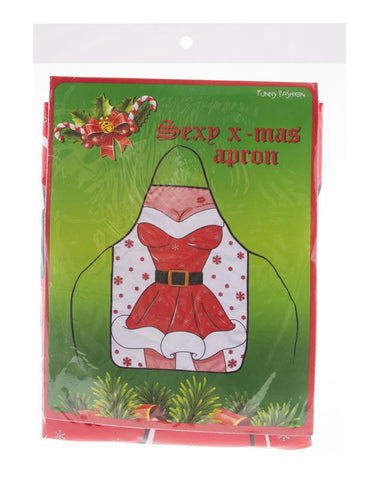Verpakking van het kerstschort Belinda van Funny Fashion met afbeelding van de kerstjurkprint