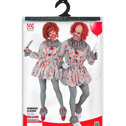 Verpakking killer clown kostuum met jurk, kraag en overzetschoenen in maten S tot XXL