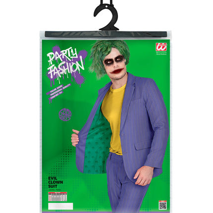 Verpakking van het kostuum wreede clown suit met maattabel S tot XXL