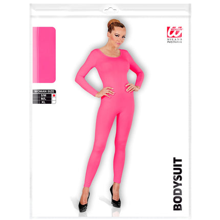 Verpakking van de lange roze body voor dames met maattabel S/M, M/L en XL