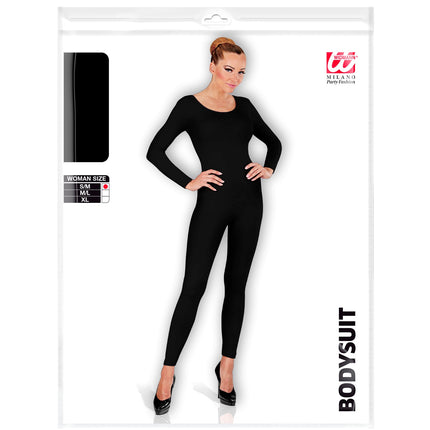 Verpakking van de lange zwarte body voor dames met maattabel S/M, M/L en XL