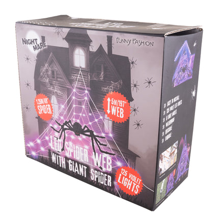 Verpakking led spinnenweb met spin, doos met 125 violette led-lampjes en 8 lichtstanden
