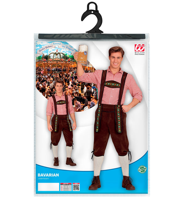 Verpakking van de lederhose Beiers bruin met maattabel M, L en XL