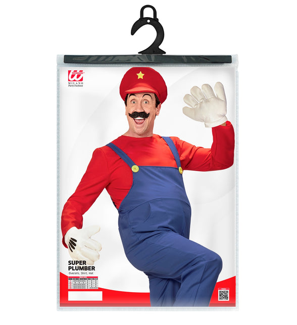 Verpakking van de loodgieter Mario tuinbroek met maattabel voor de maten S tot en met XXXL