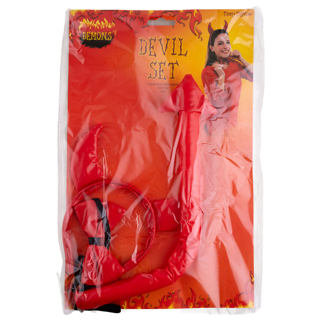 Verpakking van de luxe rode duivel set van Funny Fashion met diadeem, strik en staart