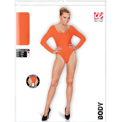 Verpakking van de oranje body voor dames met maattabel S/M, M/L, XL en icoon van de knoopsluiting in het kruis