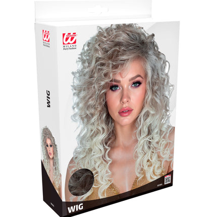 Verpakking van de pruik supercurls dames met blonde krullenpruik op de doos