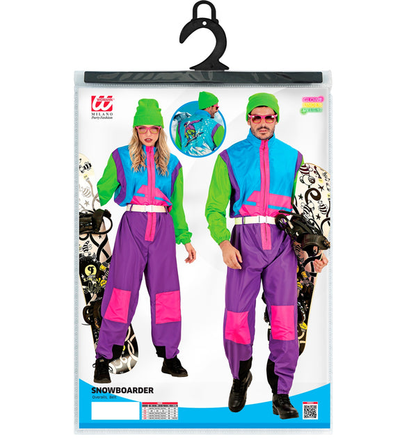 Verpakking retro snowboarder kostuum met overall en riem, jaren 80 neon wintersportlook