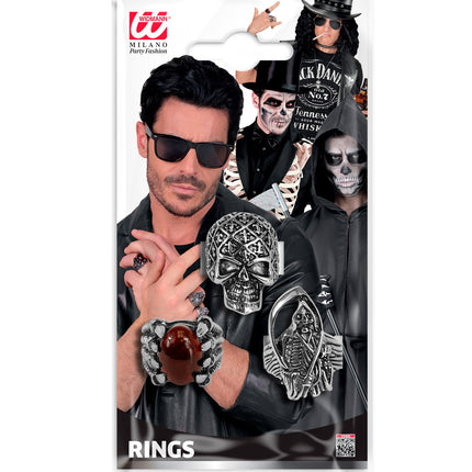 Verpakking ringen Halloween heren met schedelring, klauwring en zeisring voor Halloween