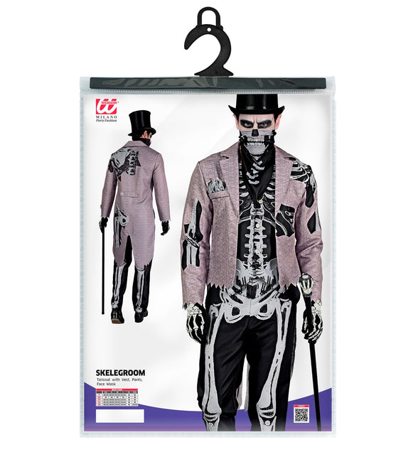 Verpakking van het Skelegroom skelet bruidegom kostuum met rokjas, vest, broek en masker
