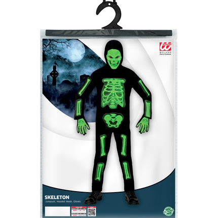 Verpakking van het skelet pak 3D groen kinderen met kindermaten 116 tot 158 cm voor Halloween