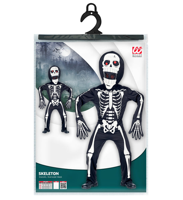Verpakking van het skelet pak met groot hoofd met overall en oversized masker, maat S-M en L/XL