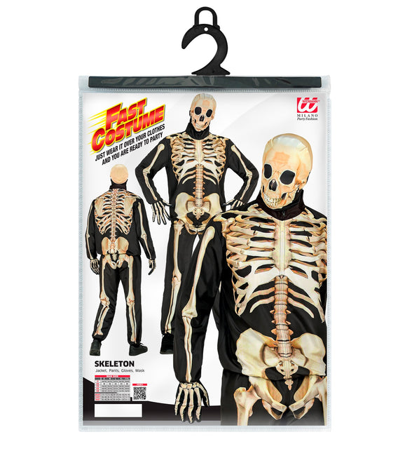 Verpakking van het skeletkostuum met jas, broek, handschoenen, masker en maattabel S tot XXL