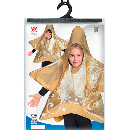 Verpakking van het ster goud kostuum Sem kinderen met maatinformatie 110 en 128 cm