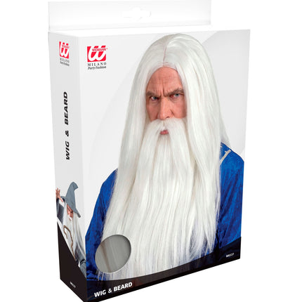 Verpakking van de tovenaar pruik Merlijn met baard van Widmann, artikelnummer M6137