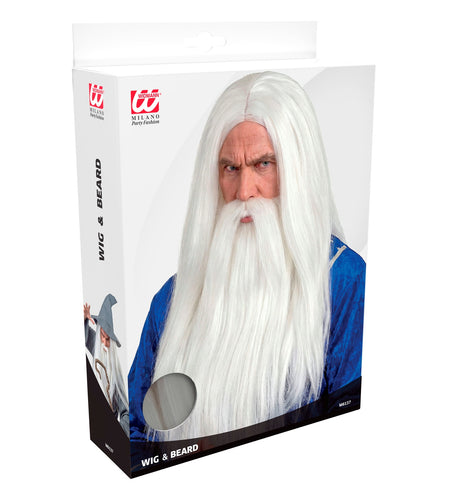 Verpakking van de tovenaar pruik Merlijn met baard van Widmann, artikelnummer M6137