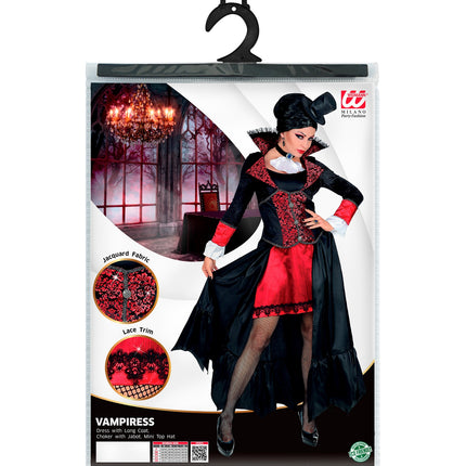 Verpakking vampieren kostuum Sofia dames met jurk, lange jas, choker met jabot en mini-hoed