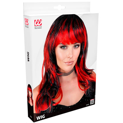 Verpakking van de vampierpruik Jesse van Widmann met zwart-rode damespruik op de doos