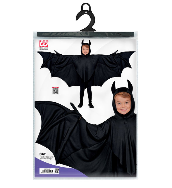Verpakking van de vleermuis jas voor jongens, maat 136, met hanger en productfoto