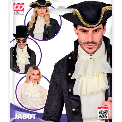 Verpakking van de witte jabot met ruches, met voorbeelden van piraten- en steampunklooks voor een themafeest