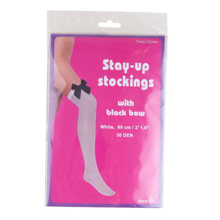 Verpakking van de witte stay-up kniekousen met zwarte strik, 65 cm en 30 denier van Funny Fashion