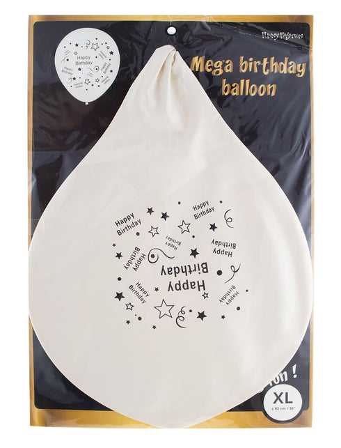 Verpakking van de XL happy birthday ballon van Funny Fashion met de ongevulde witte latexballon