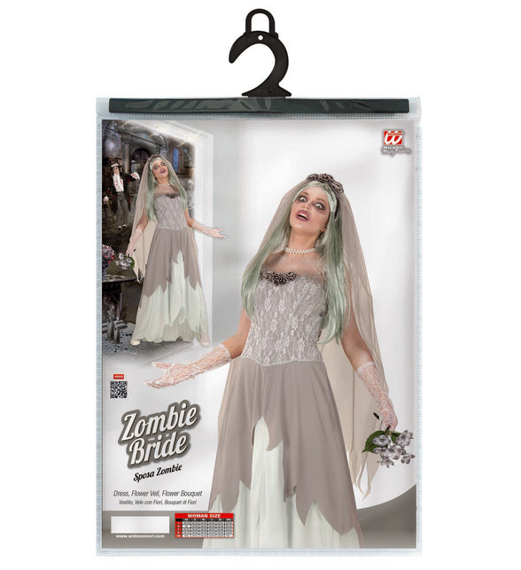 Verpakking zombie bruid pakje met jurk, bloemensluier en bouquet en maattabel S tot XL