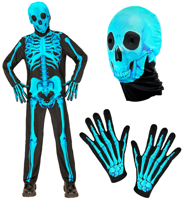 Vierdelig neon skeletkostuum kind met jas, broek, blauw schedelmasker en skelethandschoenen
