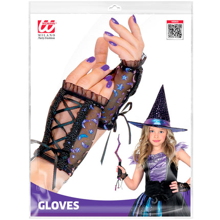 Vingerloze handschoenen heks meisjes in verpakking, zwart mesh met blauw-paarse sterrenprint