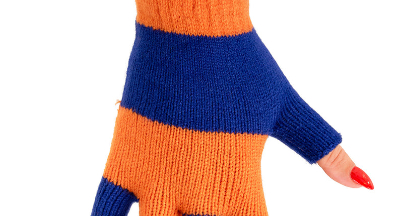 Vingerloze handschoenen oranje blauw met gebreide ribboord en blauwe banen over de handrug, voor Koningsdag
