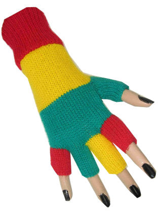 Vingerloze handschoenen rood geel groen, gebreid met vrije vingertoppen, voor carnaval