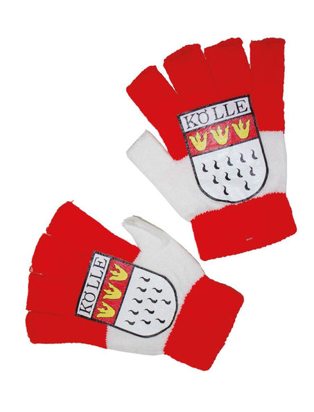Vingerloze handschoenen rood wit van acryl met het wapen van Keulen op de rug, voor carnaval