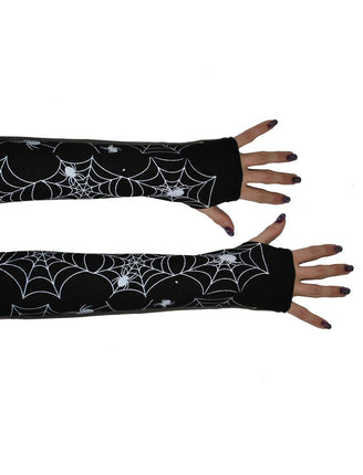 Vingerloze handschoenen met spinnenweb print, zwart met witte webben en spinnetjes, voor Halloween