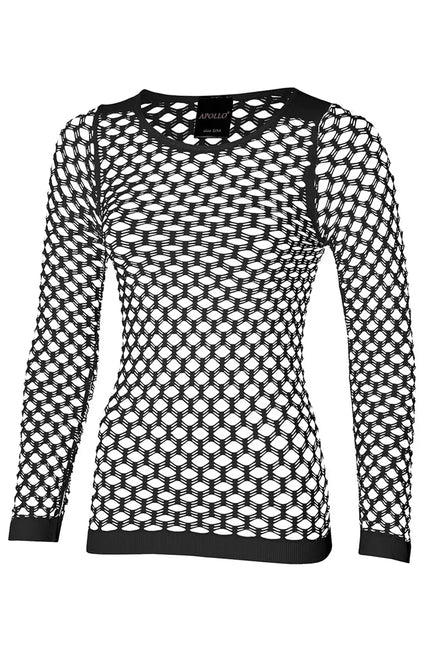 Visnet shirt dames zwart met lange mouwen en grote mazen, geribde hals en zoom