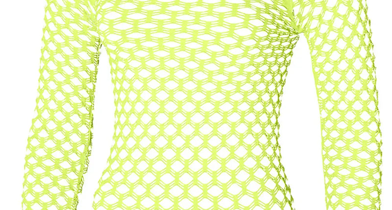 Visnetshirt dames neongeel met lange mouwen en grote mazen, voor een discofeest