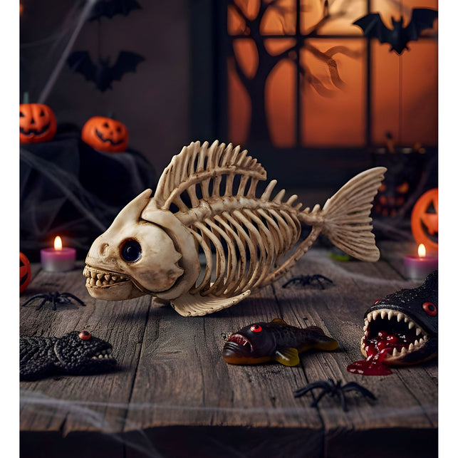 Vissen skelet als halloweendecoratie op een houten tafel tussen pompoenen en spinnen