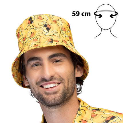 Vissershoed van de Lucky duck outfit met gele eendjes met oranje snavel en zwart zonnebrilletje