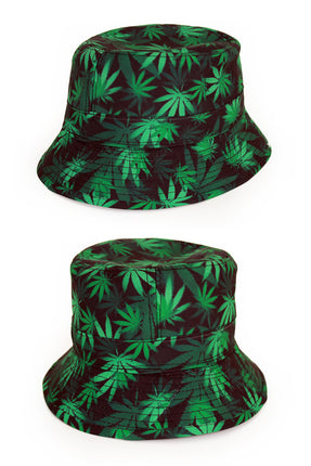 Vissershoedje wietblad in groentinten op zwart, bucket hat van voor en achter, voor een foute party