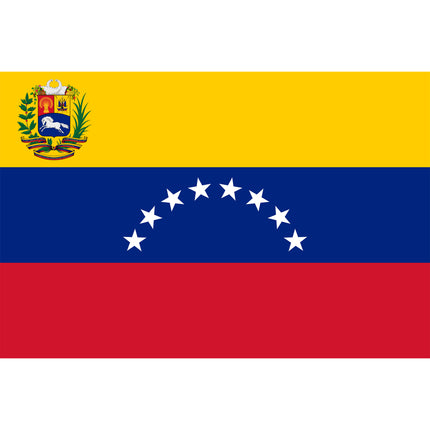 Vlag Venezuela in geel, blauw en rood met acht witte sterren in een boog en het landswapen linksboven